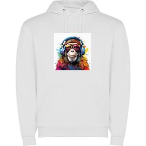 Witte unisex hoodie met “ Kleurrijke Aap met koptelefoon“ Print Full Color merk Roly maat S