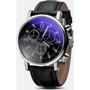 Yazole Luxe Heren horloge - DaVinciWatches - Zwart Lederen Band - Zilverkleurige Kast -  Donkerkleurige Wijzerplaat – Type I