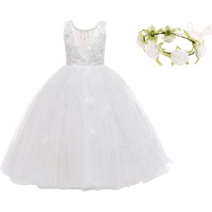 Communie jurk Bruidsmeisjes jurk wit Classic Deluxe 116-122 (120) prinsessen jurk feestjurk meisje + bloemenkrans