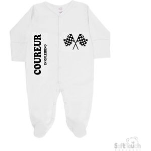 Soft Touch Boxpakje ""Coureur in opleiding"" Unisex Katoen Wit/zwart Maat 56/62