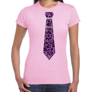 Bellatio Decorations Verkleed T-shirt dames - panterprint stropdas - roze - foute party - carnaval L