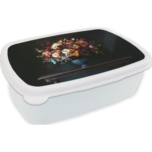 Broodtrommel Wit - Lunchbox Groot - Bloemen - Vaas - Boeket - Brooddoos 18x12x6 cm - Brood lunch box - Broodtrommels voor kinderen en volwassenen