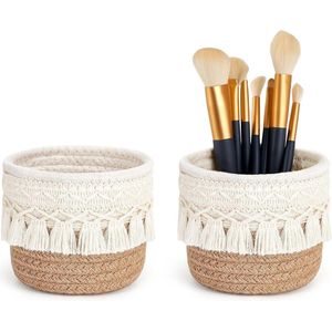 Brenzoos - 2 stuks make-upborstelhouders met boho-decoratie, mini-opbergmanden voor pennen en potloden, organizer kamkwast, geel en wit, 10 x 10 cm, ideaal voor opslag containers.