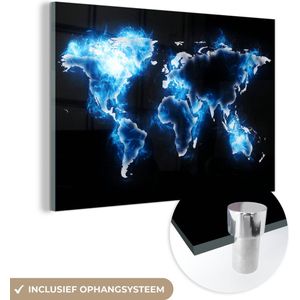 MuchoWow® Glasschilderij 150x100 cm - Schilderij acrylglas - Wereldkaart - Blauw - Zwart - Foto op glas - Schilderijen