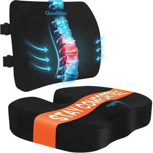 Ergonomisch Zitkussen en Lendenkussen voor Rugsteun en Pijnverlichting - Memory Foam - Zwart