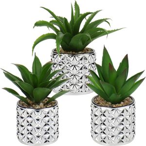 Set van 3 kunstmatige vetplanten, kunstplant, decoratieve plant in zilveren glazen pot, decoratieve mini-sappige kamerplant voor woonkamer, balkon, slaapkamer, badkamer, tafeldecoratie