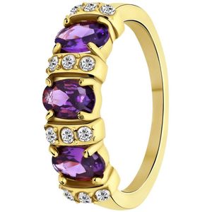 Lucardi Dames vintage ring met paarse zirkonia – Maat 57 – 18mm - Ring - Cadeau - Staal goldplated - Goudkleurig