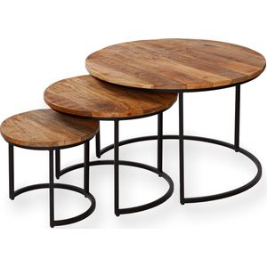 Zita Home Salontafel set van 3 - 70cm in diameter - massief hout met zwart metalen frame