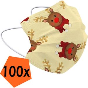 Mondkapje Kerst Wegwerp Geel - Mondmasker Wegwerp Niet Medisch Mondkapje Rendier - Kerst Mondkapje Wegwerp Universeel - 100 Stuks