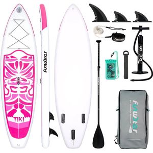 FunWater - Opblaasbaar Supboard - SUP board - 320*83*15 CM - Roze- Compleet Pakket - Accessoires - Staand - Verticaal - Inclusief pomp , reisrugzak, 3 Finnen, Stoeltje - Surfboard - Verstelbare aluminium peddel - Breed Formaat