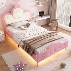 Gutent Kinderbed, Roze + Wit (Zonder matras), 90x200CM , met zachte beschermranden, Enkelkleurige LED-strip, Hoofdbord met kroon, metalen poten, golvend uittrekbaar hoofdbord, eenpersoonsbed, gestoffeerd bed, PU