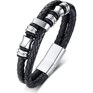 Victorious Leren Armband Heren – RVS Roestvrijstaal Sluiting – Zwart/Zilver – 21.5cm