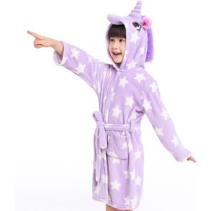 BoefieBoef Paarse Sterren Eenhoorn M Kinder Ochtendjas & Peuter Pyjama Badjas – Flanel – Unicorn Kleuter Nachtjapon – Maat 5-10 Jaar lengte 120-140 cm – Warme Capuchon Badjas voor Jongens & Meisjes – Nachtkleding, Verkleedkleding & Zwemles