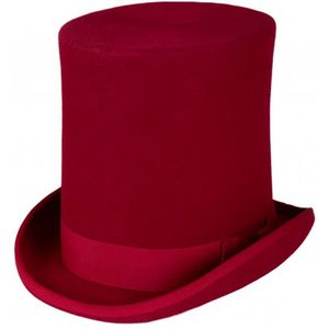 KIMU Luxe Hoge Hoed Rood - Extra Hoog Model - Maat 61 - 100% Wol - Heren Man - Tophat Wolvilt Goochelaar Konijn Circus Theater Tovenaar Showmaster Festival