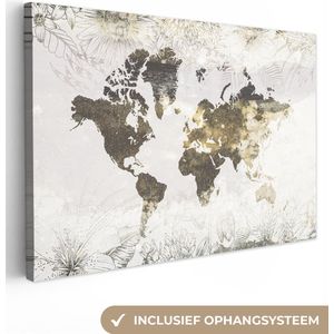 Canvas Wereldkaart - 180x120 - Wanddecoratie Wereldkaart - Bloemen - Goud