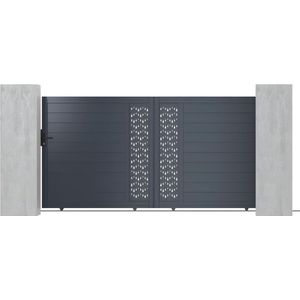 EXPERTLAND Schuifpoort van aluminium met motieven - Halfopengewerkt - L. 374 x H. 180 cm - Antraciet - GREGOR L 350 cm x H 173 cm x D 4.6 cm