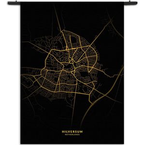 Velours Wandkleed Hilversum Plattegrond Zwart Geel Rechthoek Verticaal M (125 X 90 CM) - Wandkleden - Met roedes