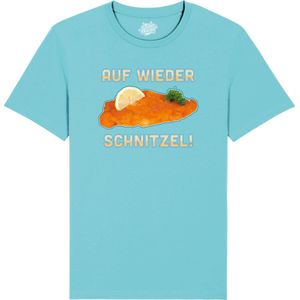 Auf Wieder schnitzel! - Grappige Apres Ski en Bier Wintersport Kleding - Mannen / Vrouwen / Unisex - Foute Ski en Snowboard Vakantie Outfit Cadeau - Unisex T-Shirt - Atoll Blauw - Maat S