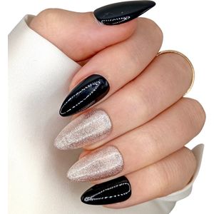 SD Press on Nails - B-173 - Plaknagels - Nagelset 20 Nagels - Zwart + Goud - Gellak - Nagellak - Kort Stiletto - Nepnagels met Lijm - Kunstnagels - Nail Art - Handmade - Valse nagels - Nagelvijl - Accessoires - Stiletto Nagels