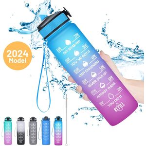 CoolFule® Waterfles met Rietje - Drinkfles voor Volwassenen & Kinderen met Tijdmarkeringen - 1 Liter - 100% Lekvrij & BPA Vrij - Blauw-Paars