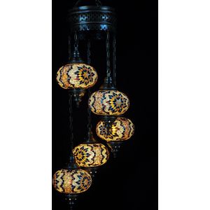 Hanglamp - bruin - glas - mozaïek - Turkse lamp - oosterse lamp - Marokkaanse lamp - kroonluchter - 5 bollen.