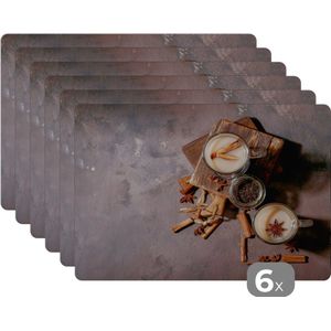 Placemat - Placemats kunststof - Losse thee - Melk - Kaneel - 45x30 cm - 6 stuks - Hittebestendig - Anti-Slip - Onderlegger - Afneembaar