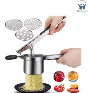 LifeStages - Aardappelpers - Verdikt Roestvrij Staal Met 3 Schijven - Multifunctionele Aardappelstamper - Voor Aardappelpuree, Babyvoeding, Sap, Citroen Uitpersen
