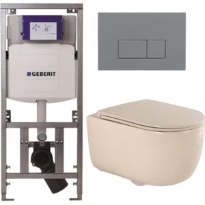QeramiQ Dely Swirl Toiletset - 36.3x51.7cm - Geberit UP320 Burda inbouwreservoir - slimzitting - bedieningsplaat licht grijs - rechthoekige knoppen - beige