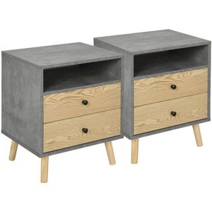 Set van 2 Nachtkastjes - Grijs Met Licht Hout - Voor Slaapkamer - 45x40x56 cm