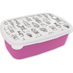 Broodtrommel Roze - Lunchbox - Brooddoos - Cactus - Bloempot - Patronen - 18x12x6 cm - Kinderen - Meisje