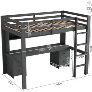Hoogslaper 90*200cm, kinderbedden, bed boven, tafel onder, grote opbergruimte, hoge leuning, stabiele trap, grijs