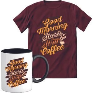 T-Shirtknaller T-Shirt met Koffiemok | Good Morning Coffee - Koffie Kleding | Heren / Dames Shirt met Mok Cadeau | Kleur rood | Maat S