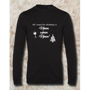 Sweater met opdruk “All I want for christmas is Wijnen hateau Meiland fans of voor een avondje uit. Lekker foute Kerst trui! wijnen wijnen”, Zwarte sweater met witte opdruk. Leuk voor C