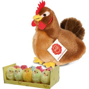Pluche kip knuffel - 16 cm - multi kleuren - met 10x kuikens van 5 cm - kippen familie - Pasen decoratie/versiering