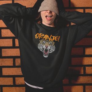 Zwarte Koningsdag Trui Oranje Tiger In Oranje - Maat S - Uniseks Pasvorm - Oranje Feestkleding