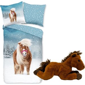 Dekbedovertrek Pony in sneeuw- flanel- paard- 140x200/220- incl. knuffel paardje 32 cm.