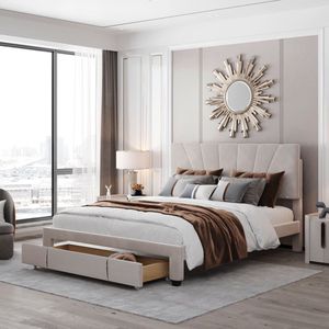Gestoffeerd bed 140 x 200 cm bed met lattenbodem- rugleuning en grote lade-huidvriendelijke fluwelen stof-dubbel bed jeugdbed-Beige(Zonder matras)