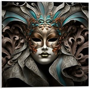 PVC Schuimplaat- Wit Venetiaanse carnavals Masker met Blauwe en Gouden Details tegen Zwarte Achtergrond - 50x50 cm Foto op PVC Schuimplaat