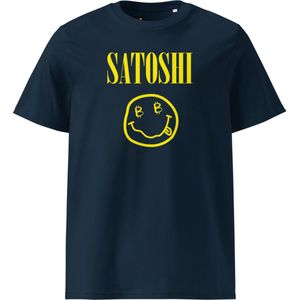 Satoshi Smiley - Jack Dorsey Edition - Unisex - 100% Biologisch Katoen - Marine Blauw - Maat M | Bitcoin cadeau| Crypto cadeau| Bitcoin T-shirt| Crypto T-shirt| Crypto Shirt| Bitcoin Shirt| Bitcoin Merch|Crypto Merch|Bitcoin Kleding
