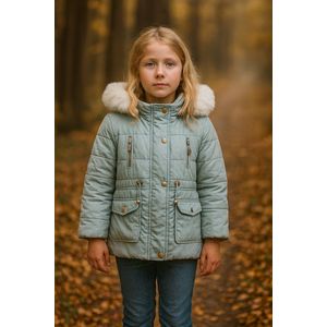 Heerlijke ijsblauwe winterjas met witte bontkraag - Eigenwijsz collectie - Gevoerde jas