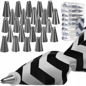 Ariko Slagroom garneer spuitzak met 24 RVS spuitmondjes – zwart/wit - Herbruikbaar – Siliconen spuit zak voor decoratie van patisserie – Taartdecoratie – Rozetjes opspuiten
