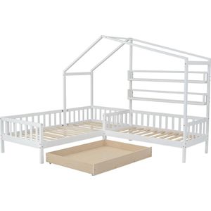 Merax Kinderbed voor Twee Personen - Huisbed met Opbergruimte - L-vormig 2 Persoons Bed - Wit