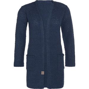Knit Factory Luna Gebreid Vest Jeans - Gebreide dames cardigan - Middellang vest reikend tot boven de knie - Donkerblauw damesvest gemaakt uit 30% wol en 70% acryl - 36/38 - Met steekzakken