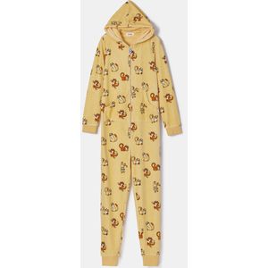 Woody onesie velours unisex - geel - kat all-over print - 252-10-ONE-V/920 - maat L