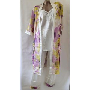 Dames satijn pyjama set 3 delige met kimono XL 40-42 wit/lila