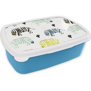 Broodtrommel Blauw - Lunchbox - Brooddoos - Zebra - Kleuren - Cactus - Wit - 18x12x6 cm - Kinderen - Jongen