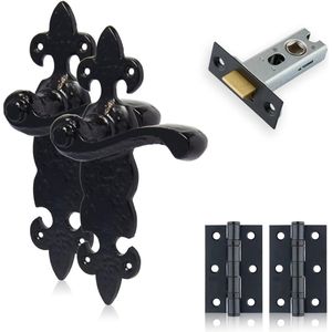 Hefboomgrendel Zwart Antiek Complete set met deurgrepen, 65 mm buisgrendel en 75 mm scharnieren, rustieke klinkdeurgrepenset voor houten binnendeuren