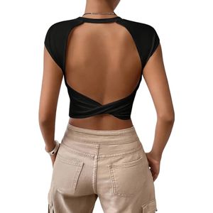 Effen Rugloos Crop T-shirt Dames - Sexy Strakke Cap Mouw - Lente & Zomer - Sporttop - Comfortabel - Stijlvol - Zwart - Maat M