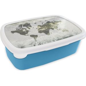 Broodtrommel Blauw - Lunchbox - Brooddoos - Wereldkaart - Bloemen - Geel - 18x12x6 cm - Kinderen - Jongen