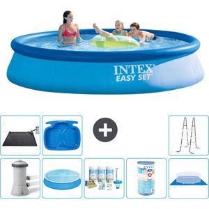 Intex Rond Opblaasbaar Easy Set Zwembad - 396 x 84 cm - Blauw - Inclusief Pomp Solarzeil - Onderhoudspakket - Filter - Grondzeil - Solar Mat - Ladder - Voetenbad